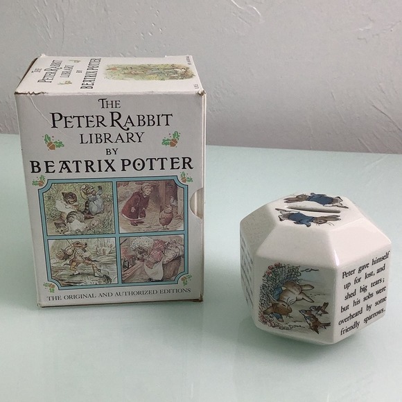 The Peter Rabbit Library by Beatrix Potter books and ceramic coin bank EUC - Picture 1 of 10